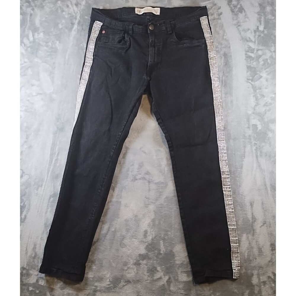 Spark Jeans Mens 36x30 Dark Skinny Leg Stretch Bedazzled Side Leg Strips